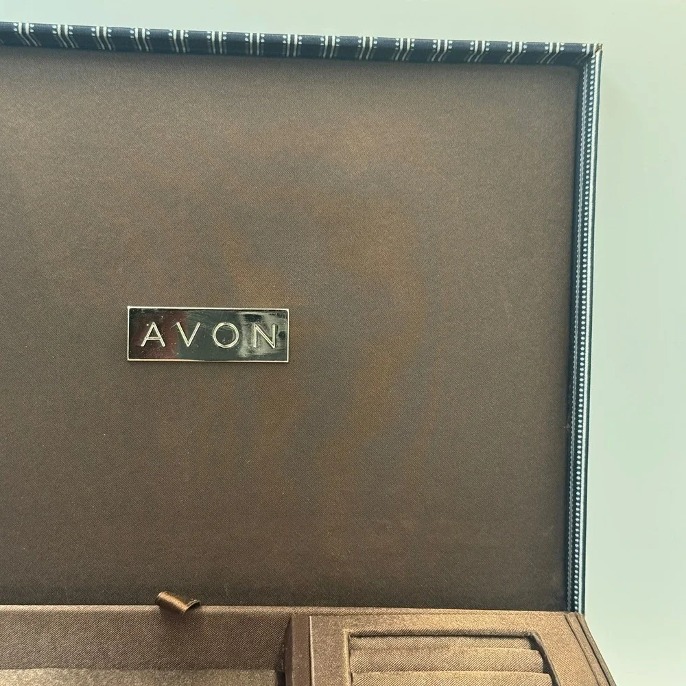 Avon Jewelry Box Navy Blue Pinstripe Brown Satin Lining Removable Tray Organizer